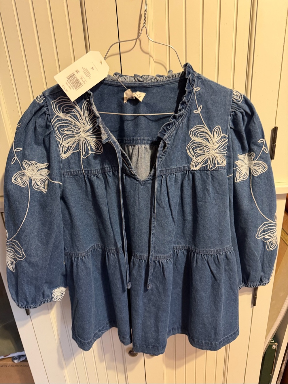 Wonderly Denim Blue Embroidered Peasant Blouse